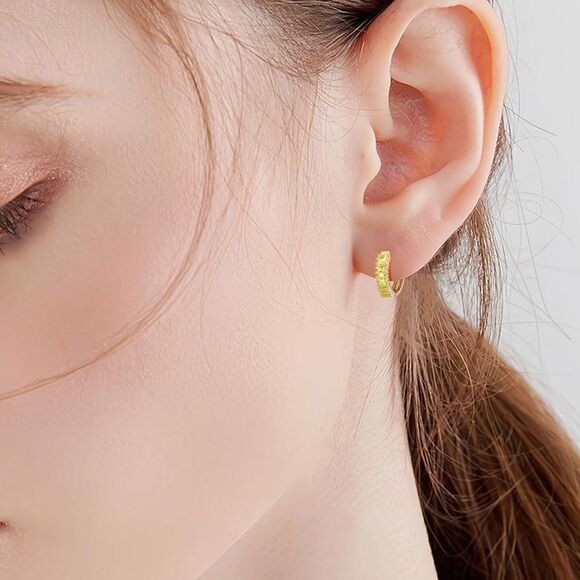 14K Yellow Gold with Yellow Citrine Cubic Zirconia Princess Cut Huggie Earrings - Picture 4 of 6